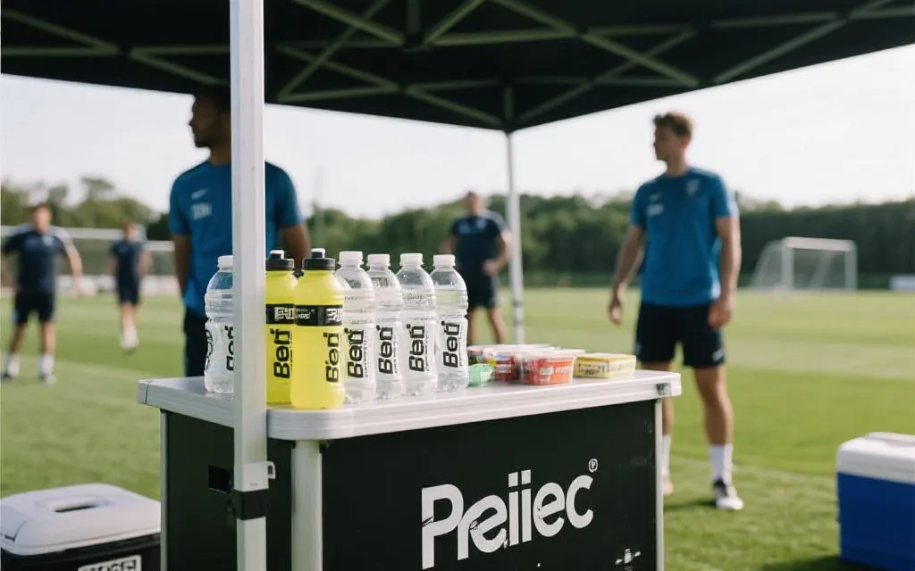 球队营养补给台与训练间隙补水场景