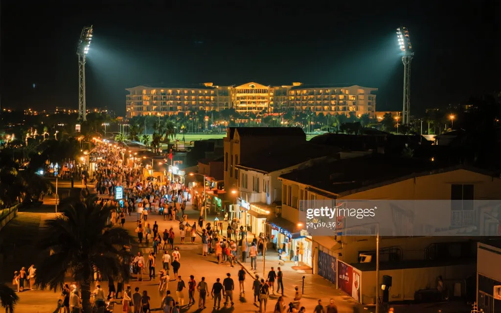 世界杯赛场周边夜景与步行动线示意,度假酒店外观与人流氛围