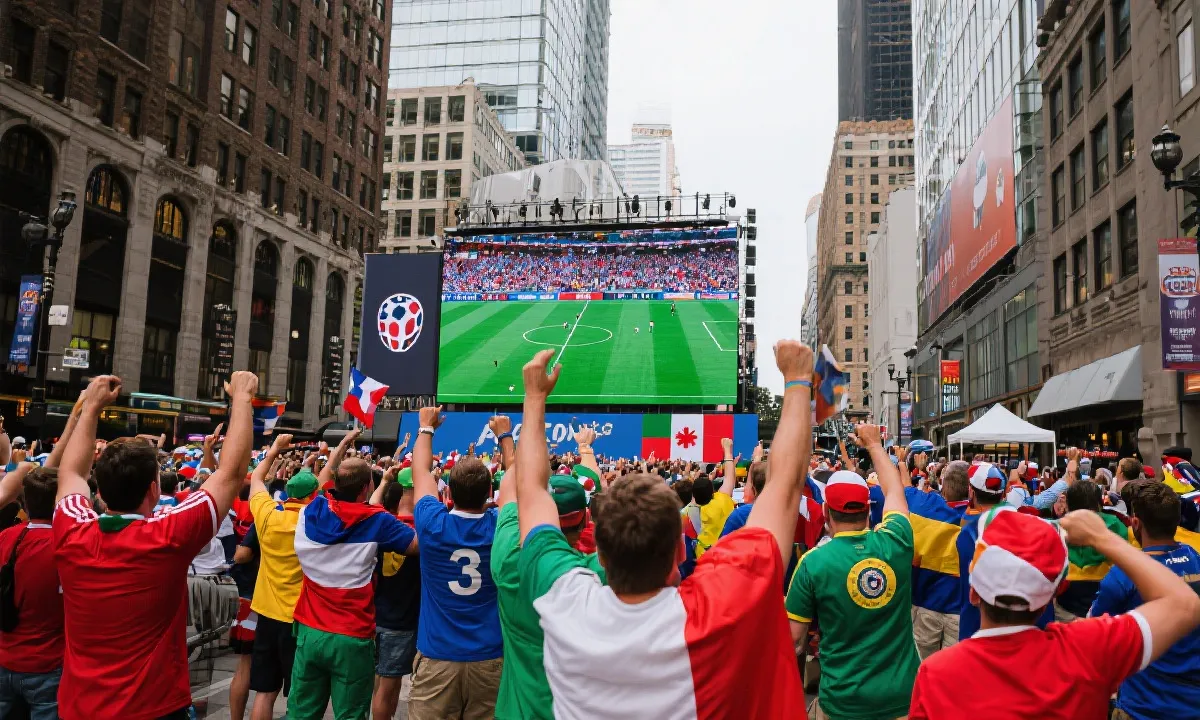 球迷在北美城市街头观看世界杯大屏直播的场景