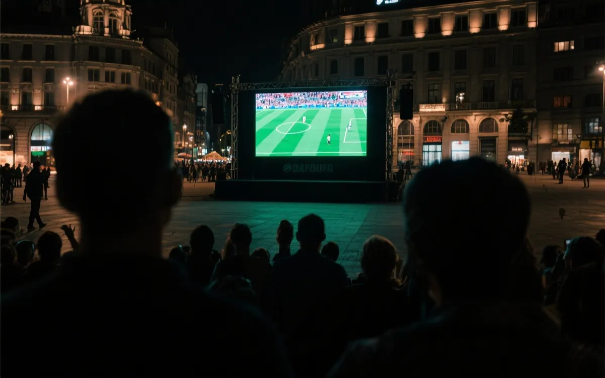 城市夜景中户外大屏公共观赛的热烈氛围